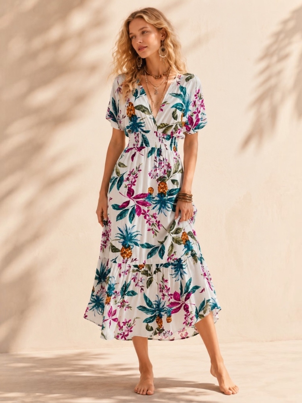 Blue Island Beach Smocked Tiered Maxi Dress Floral Flowy Skirt Sz XS